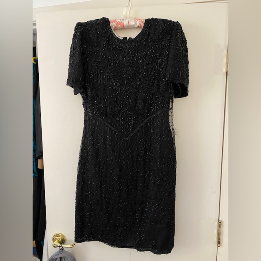 Laurence Kazar Beaded Black Silk Cocktail Dress